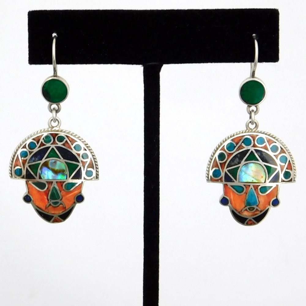 SOLD-Vintage Peruvian Dangle Earrings 950 Silver Mosaic Stone Shell Inlays